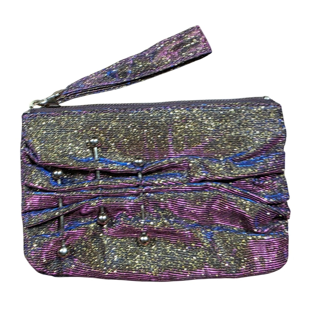 Bakers Metallic Pleated Wristlet Clutch Purple Gold Blue Shimmer Decorative Pins